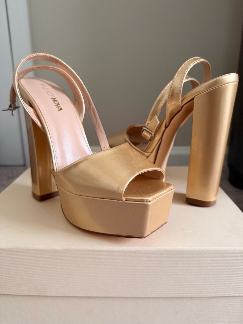 Fashion Nova Gold Platform Slingback Heels